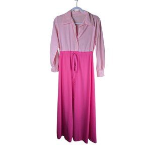 Vintage 70s Pink Long-Sleeve Button-Up Maxi Dress‎ W/ Drawstring Waist